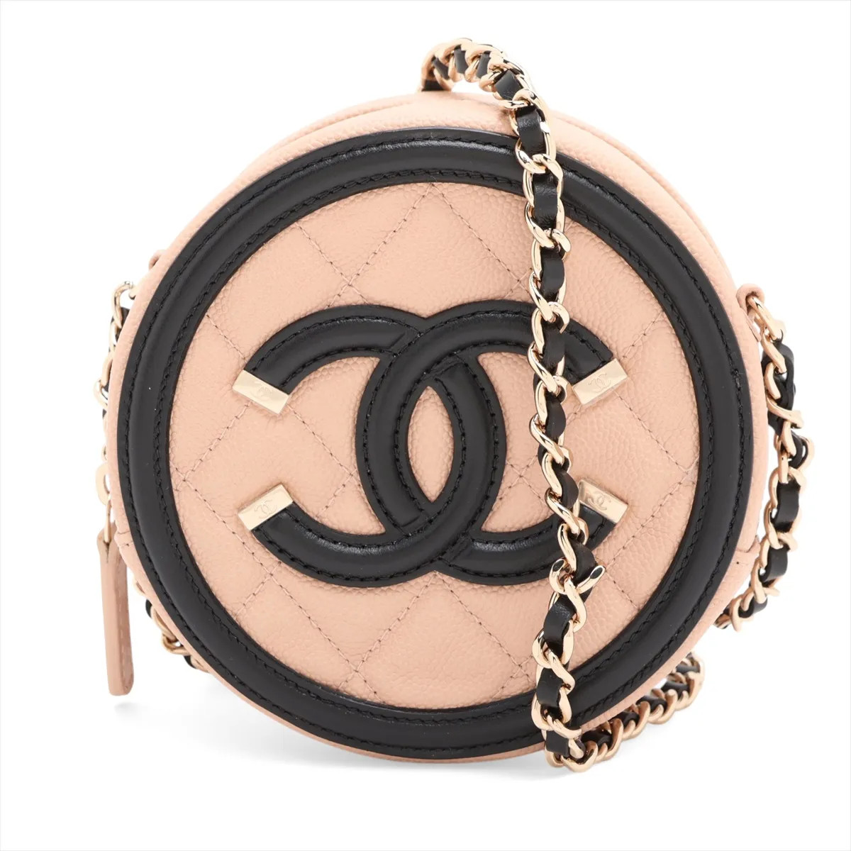 Chanel CC Filigree Caviar Skin Chain Shoulder Bag Beige x black Gold Metal Fitti
