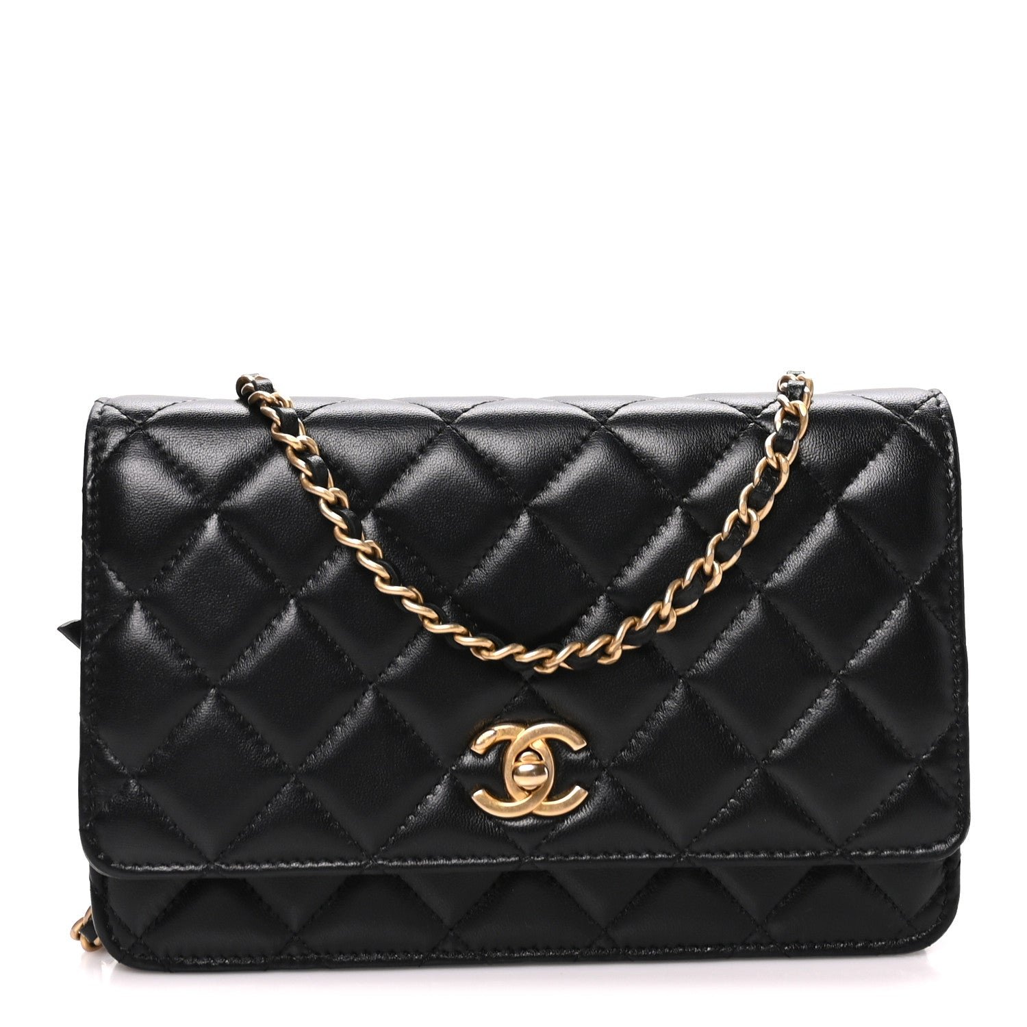 Chanel Lambskin Quilted CC Pearl Crush Wallet on Chain WOC Black