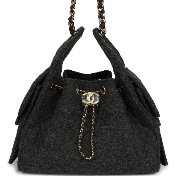 Chanel Small 25 Hobo Bag Dark Grey Wool Felt Gold Hardware