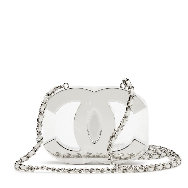 Silver Metal White Lambskin CC Mirror Mini Minaudière Silver Hardware, 2025