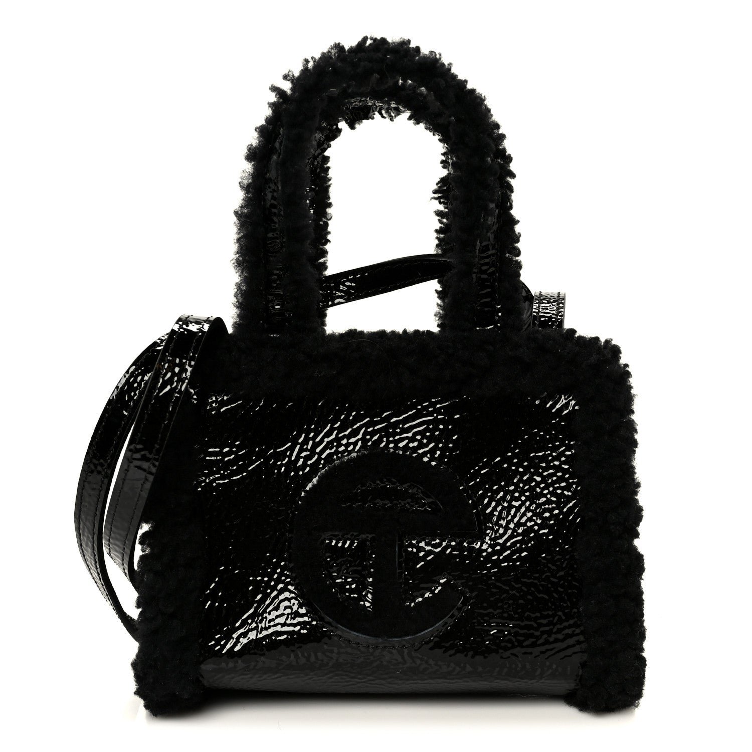 Telfar X UGG Crinkle Patent Shearling Small Shopping Bag Black