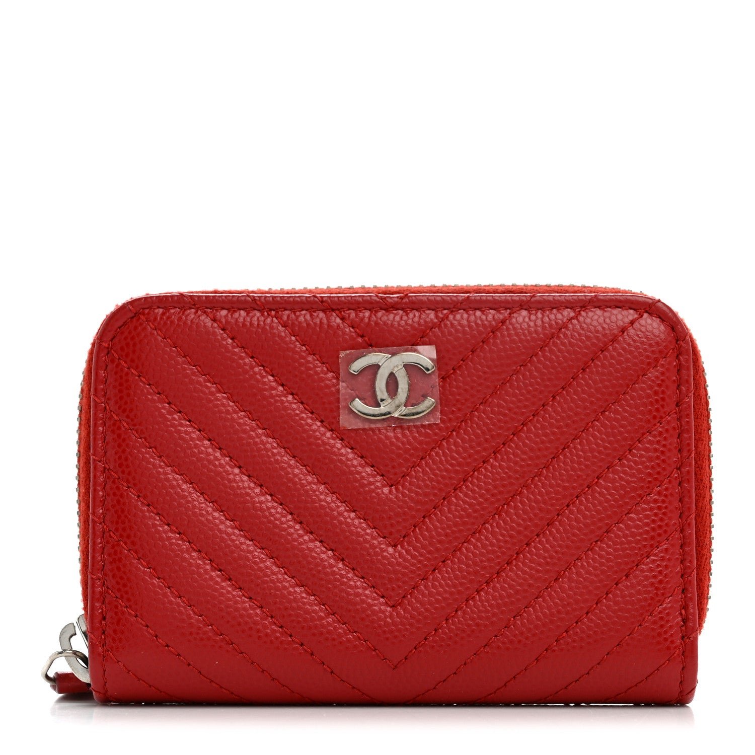 Chanel Caviar Chevron Quilted Zip Around Coin Purse Red