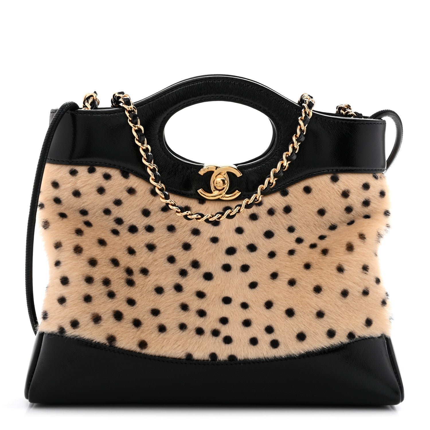 Chanel Shiny Lambskin Pony Hair Cheetah Printed Mini 31 Shopping Bag Light Beige Black