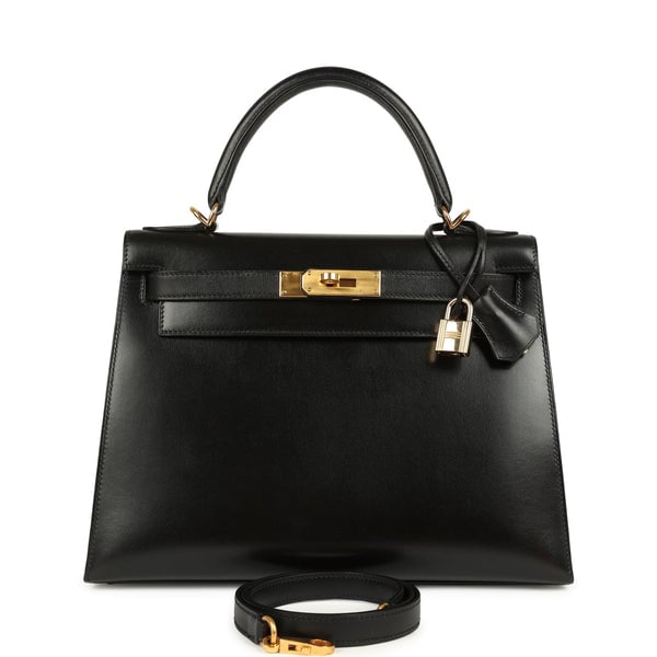 Hermes Vintage Hermes Kelly Sellier 28 Black Box Gold Hardware