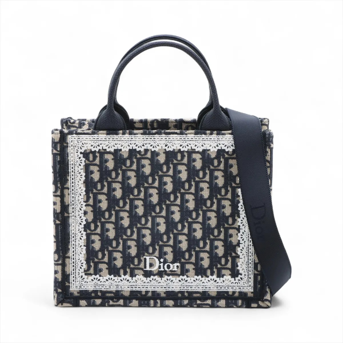 Dior Oblique Book Tote Small Embroidery racing canvas 2 Way Tote Bag Navy Blue S