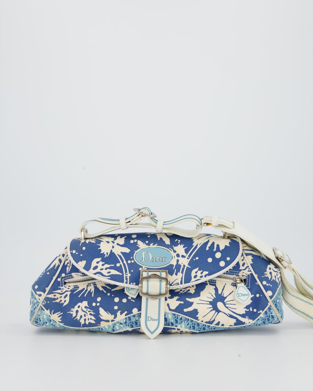 Christian Dior Vintage Surf Chick Shoulder Bag In Blue Canvas with Floral Details