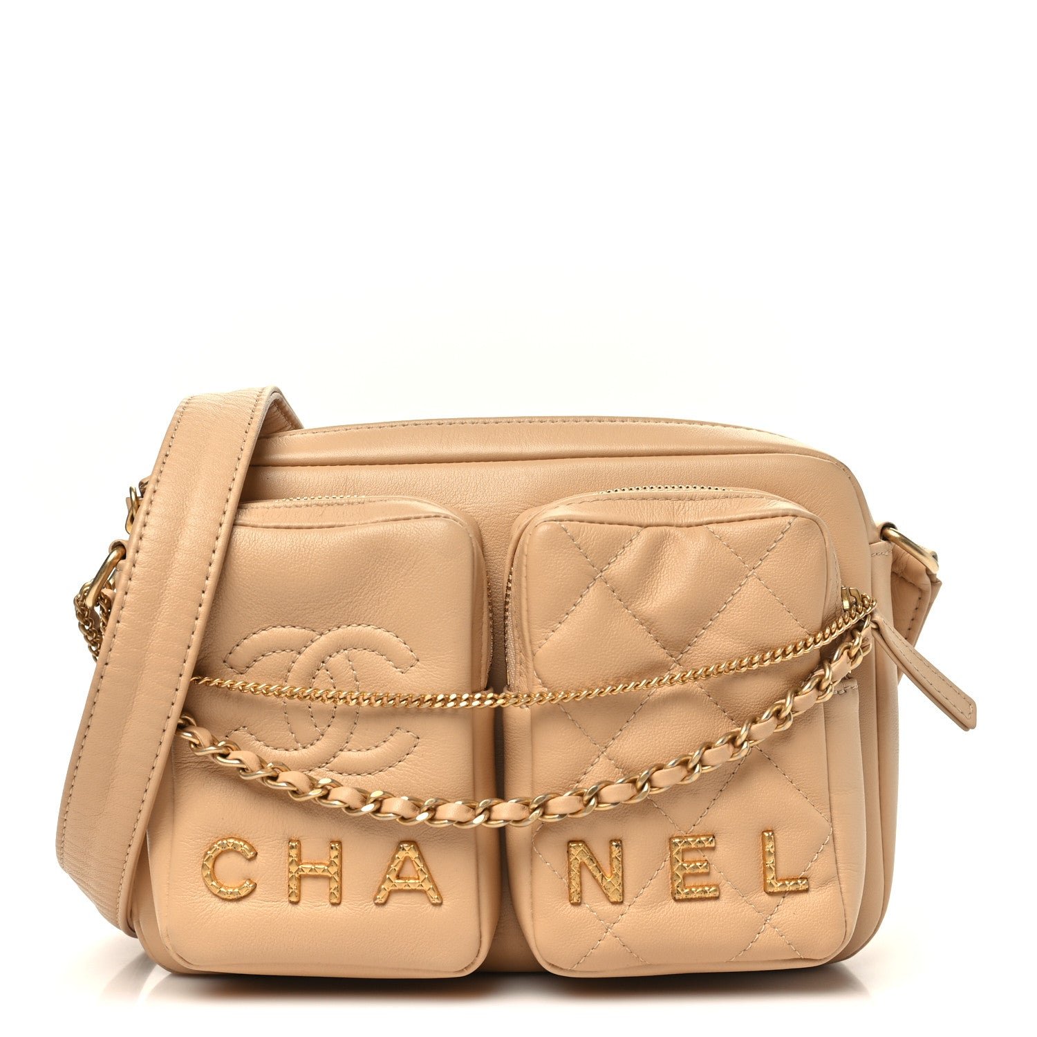 Chanel Calfskin Quilted Small Camera Case Beige Beige