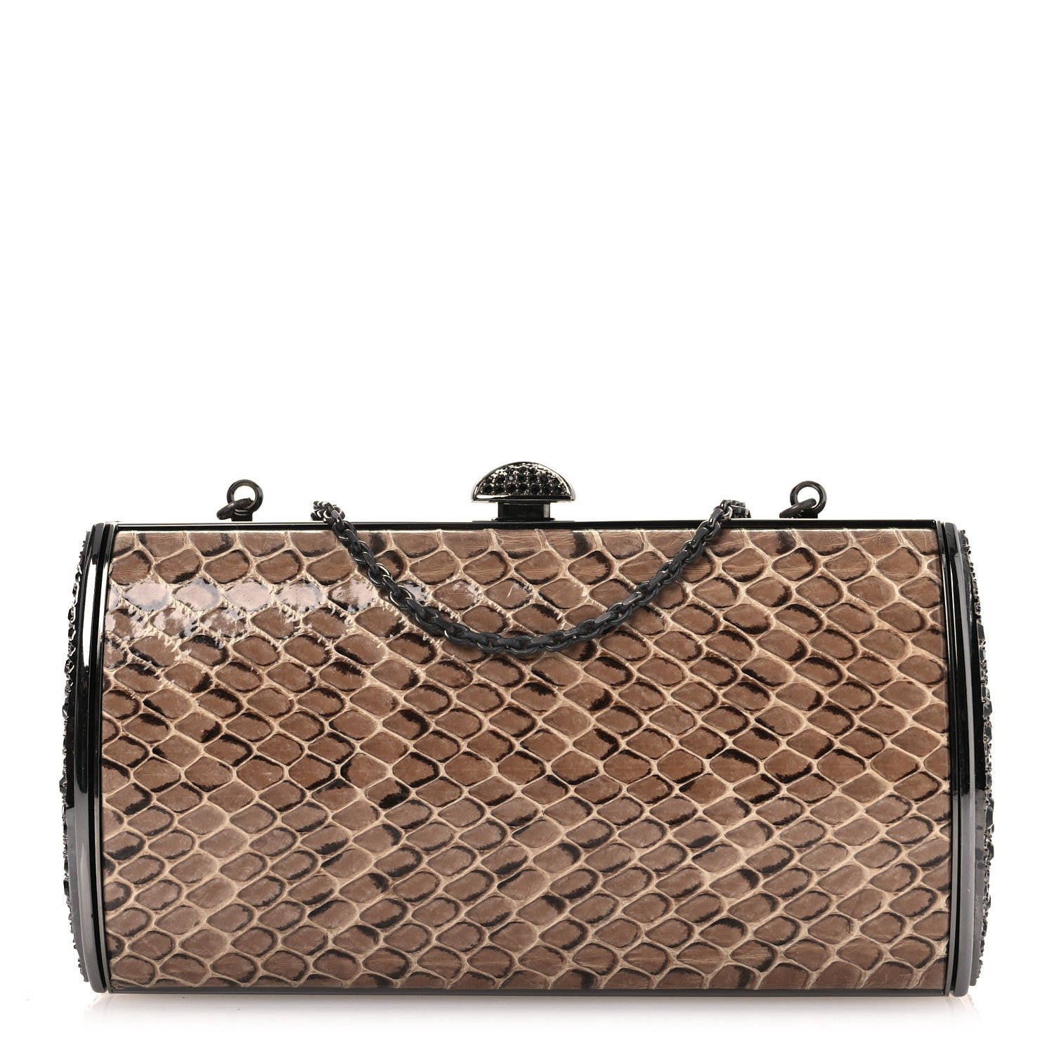 Judith Leiber Judith Leiber Snakeskin Crystal Box Clutch Brown Black