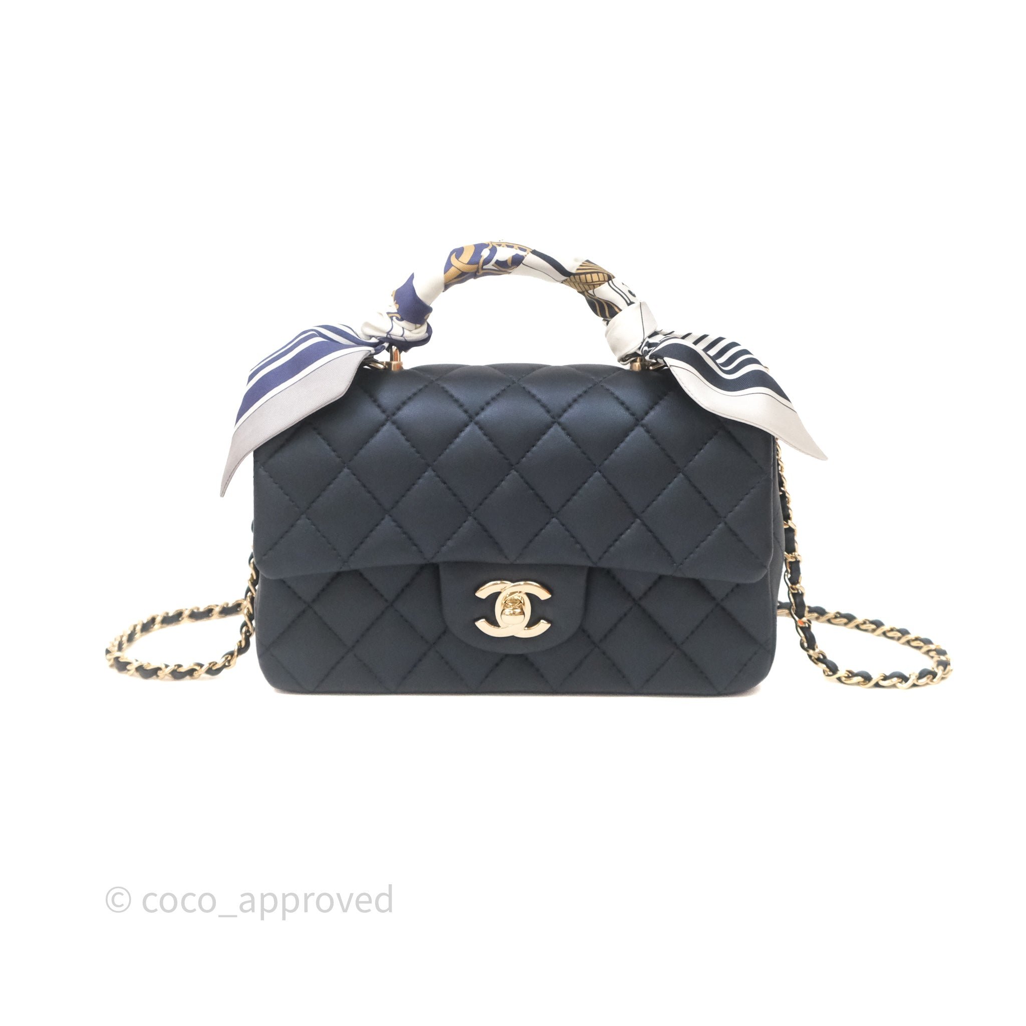 Chanel Top Handle Mini Rectangular Flap Bag Navy Lambskin Gold Hardware