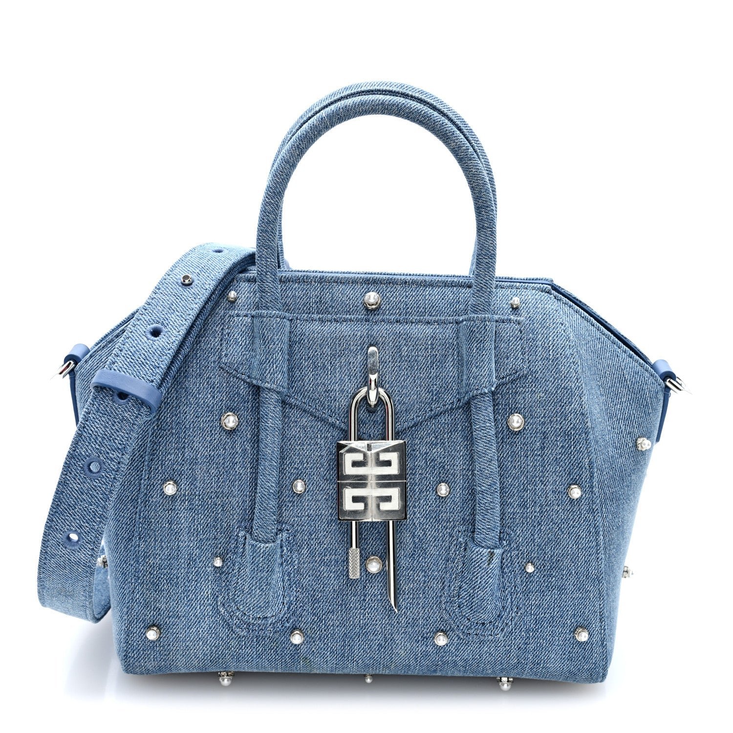 Givenchy Denim Pearl Embellished Mini Lock Antigona Shoulder Bag Blue