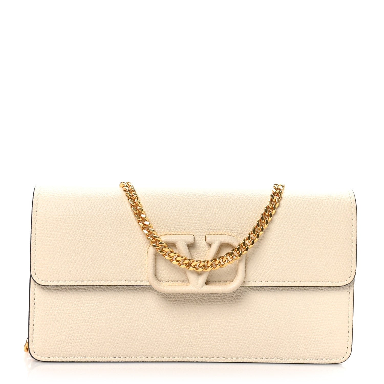 Valentino Garavani Grainy Calfskin VLogo Wallet With Chain Light Ivory