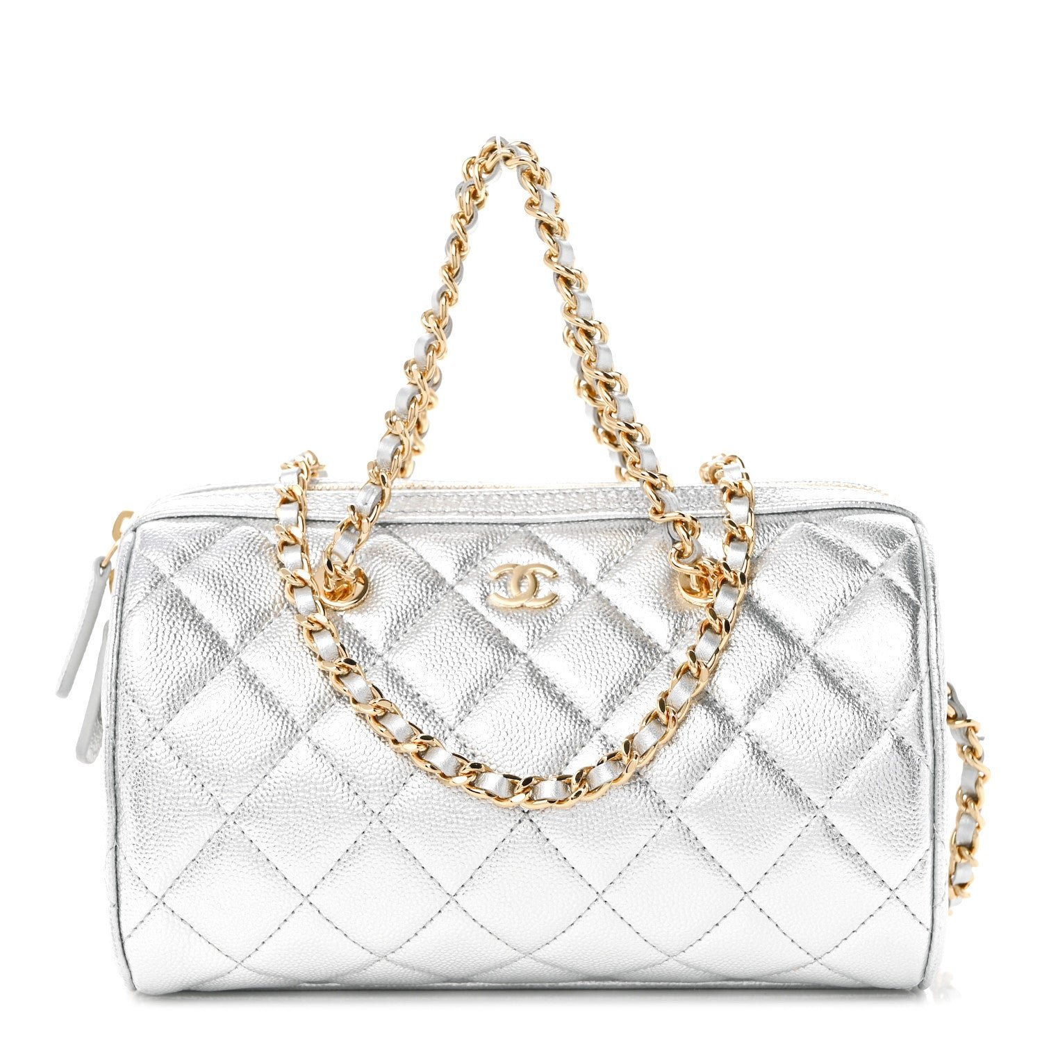 Chanel Metallic Caviar Quilted Barrel Clutch With Chain Silver