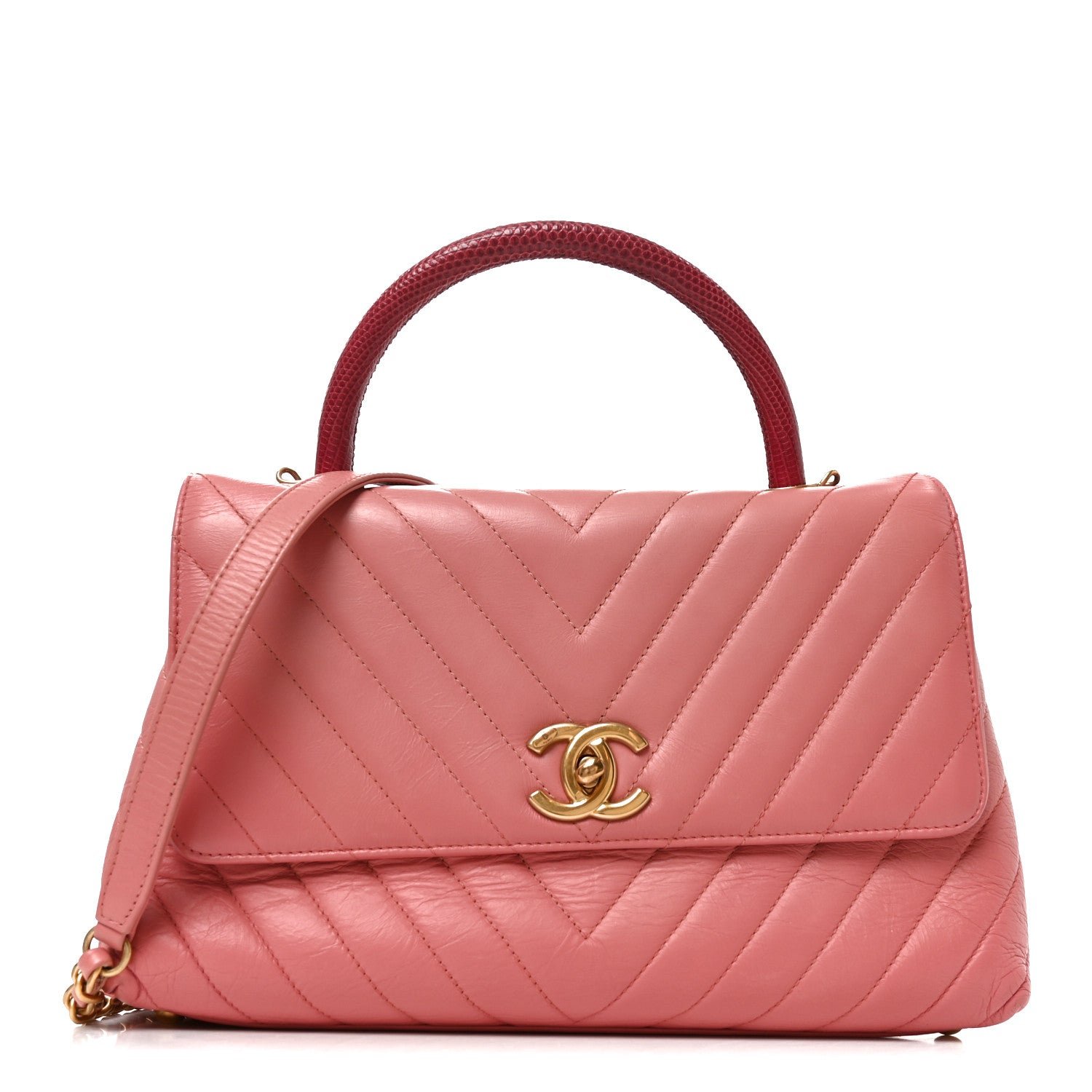 Chanel Calfskin Lizard Chevron Quilted Small Coco Handle Flap Pink