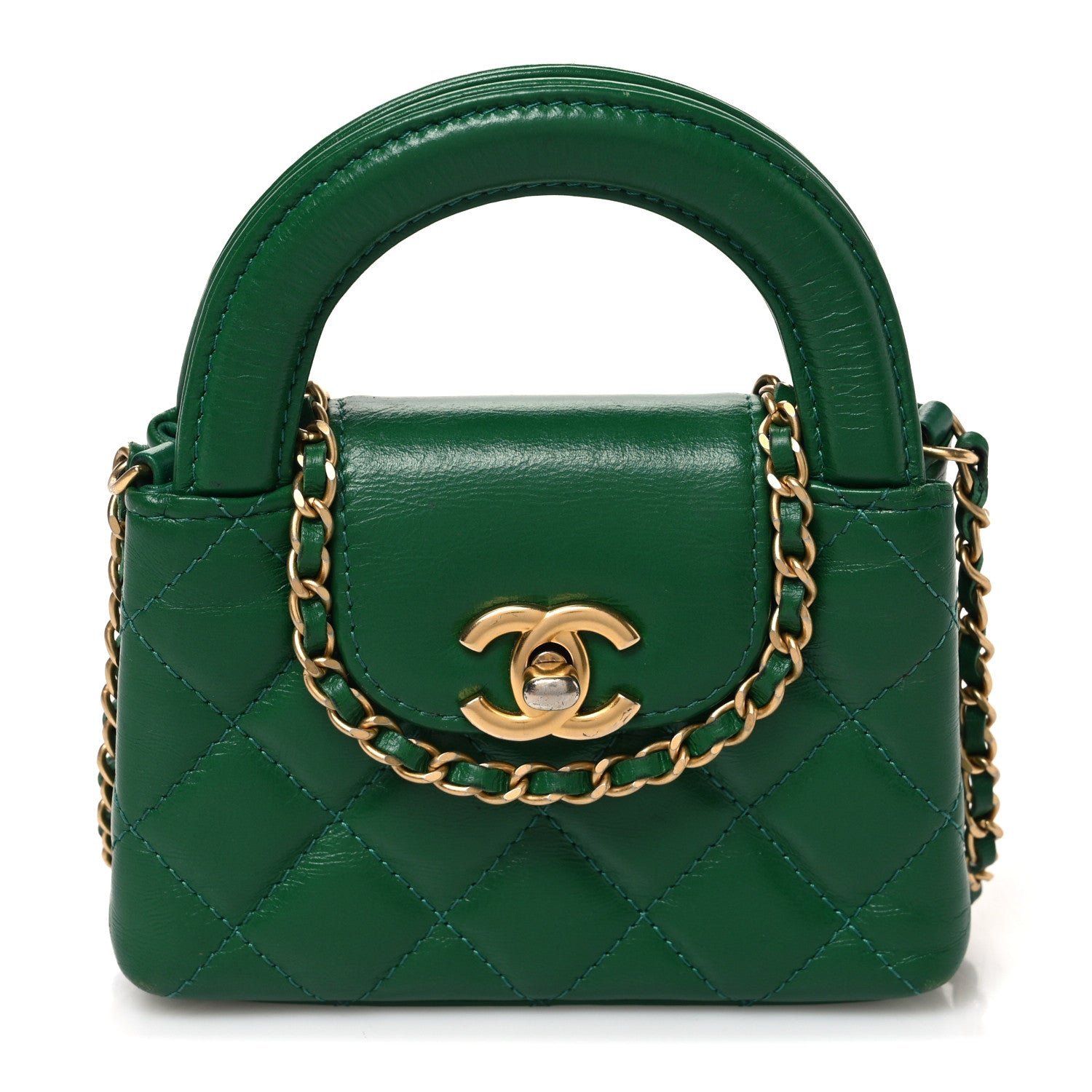 Chanel Shiny Aged Calfskin Quilted Mini Nano Kelly Shopper Green