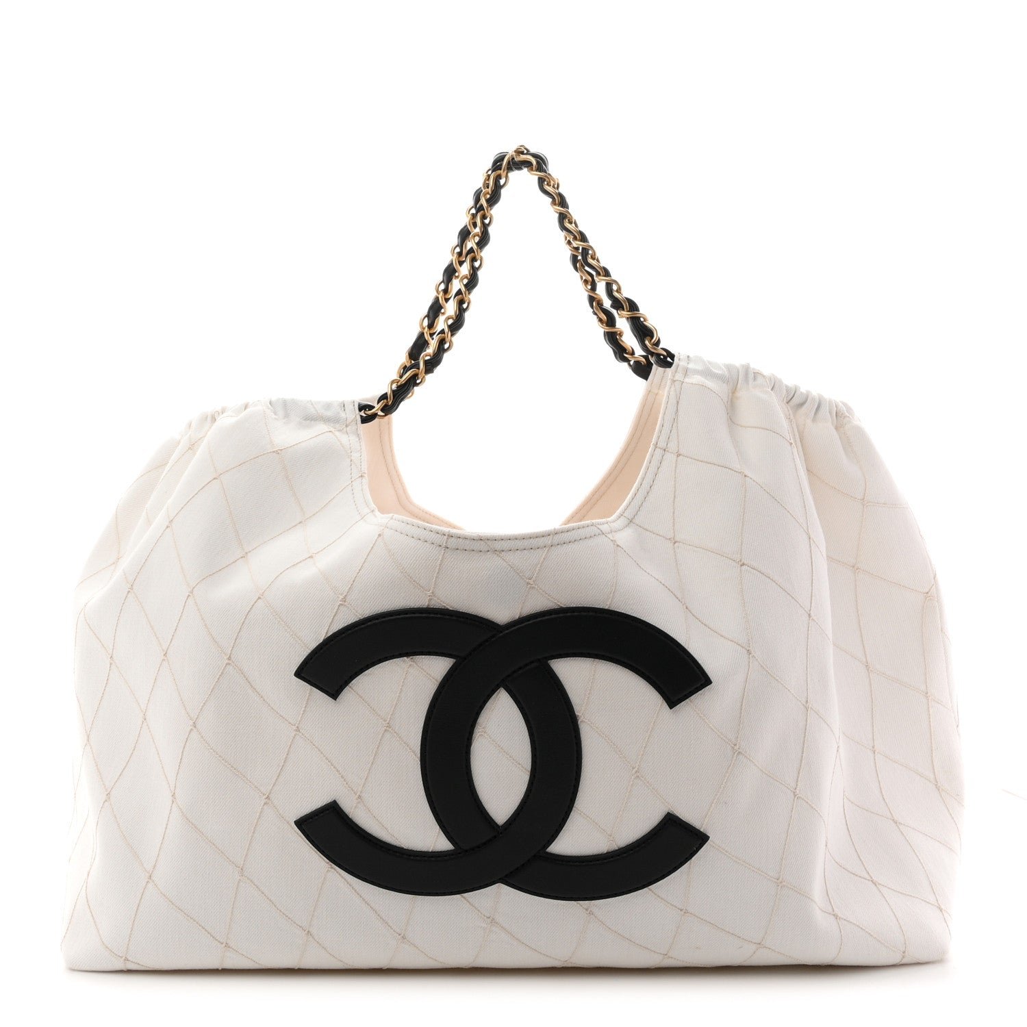 Chanel Denim Calfskin Quilted Coco Beach Small Shopping Tote White Black