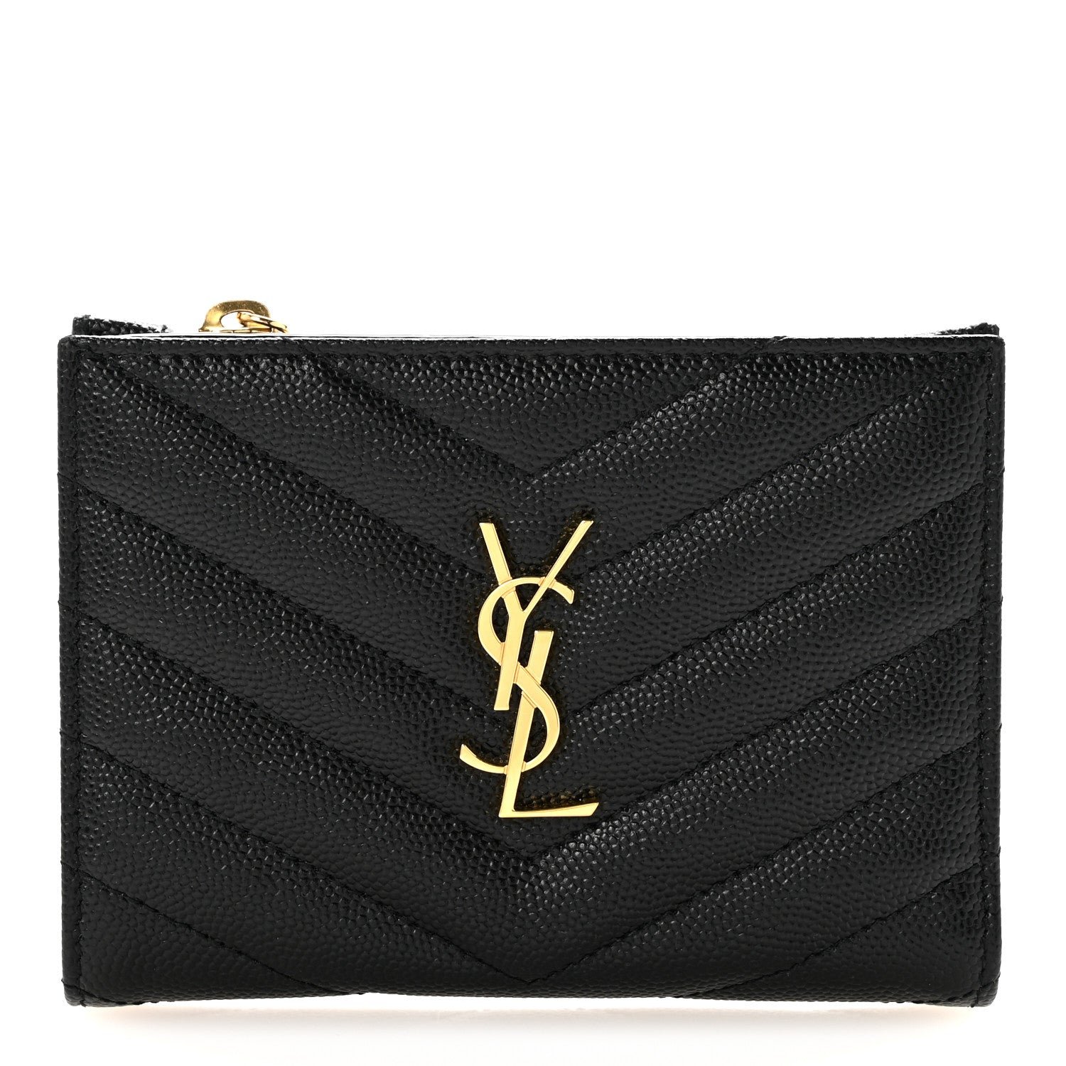 Saint Laurent Saint Laurent Grain De Poudre Matelasse Chevron Monogram Zipped Two-Part Wallet Black