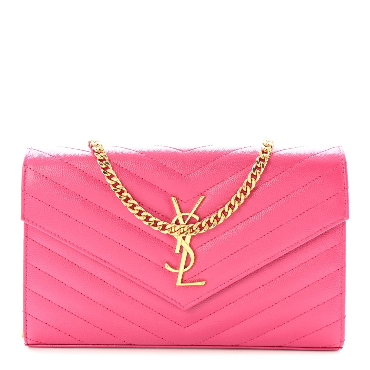 Saint Laurent Grain De Poudre Matelasse Chevron Monogram Chain Wallet Lipstick Fuchsia