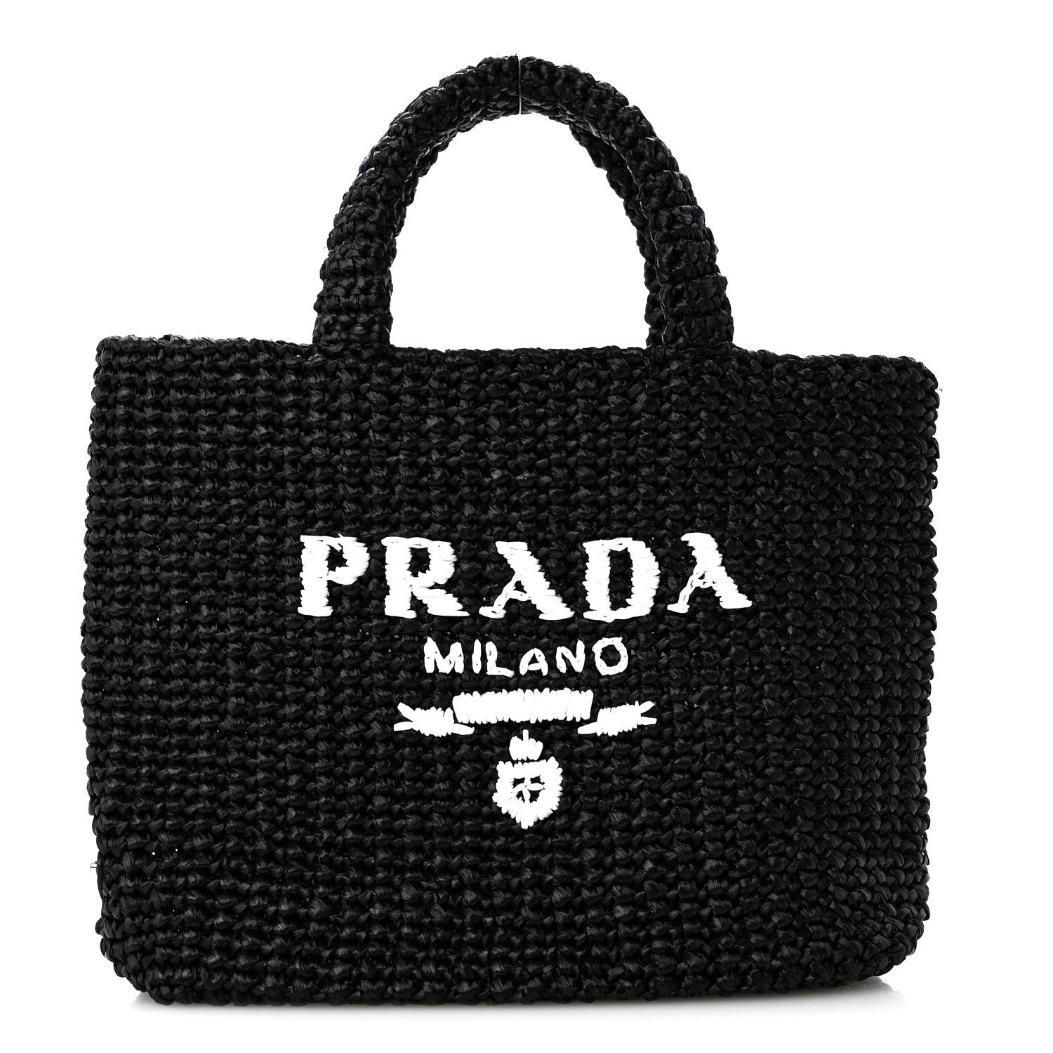 Prada Yarn Raffia Effect Crochet Small Logo Tote Black