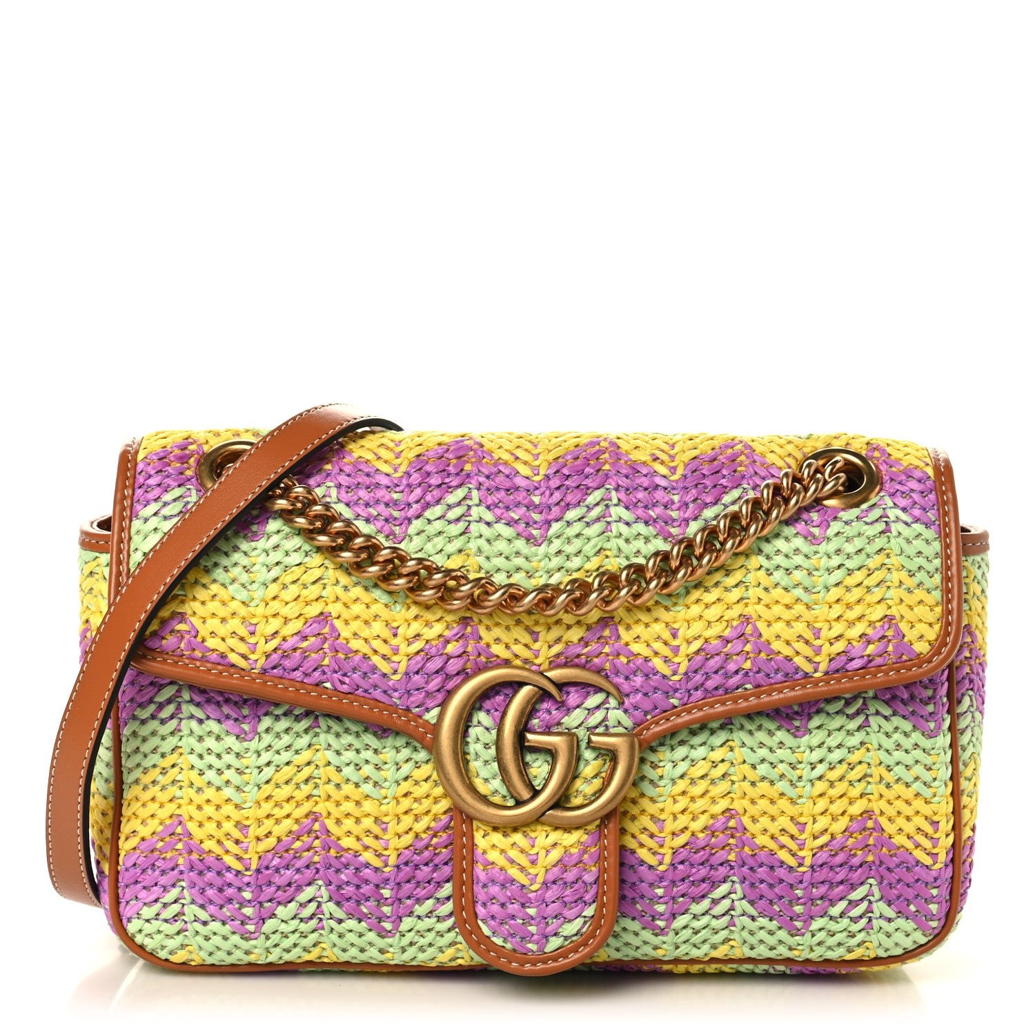 Gucci Calfskin Raffia Woven Small GG Marmont Shoulder Bag Multicolor