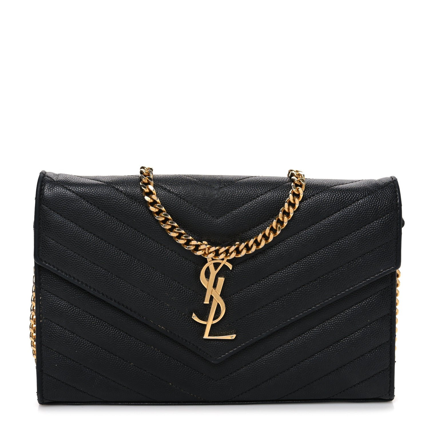 Saint Laurent Grain De Poudre Matelasse Chevron Monogram Chain Wallet Black