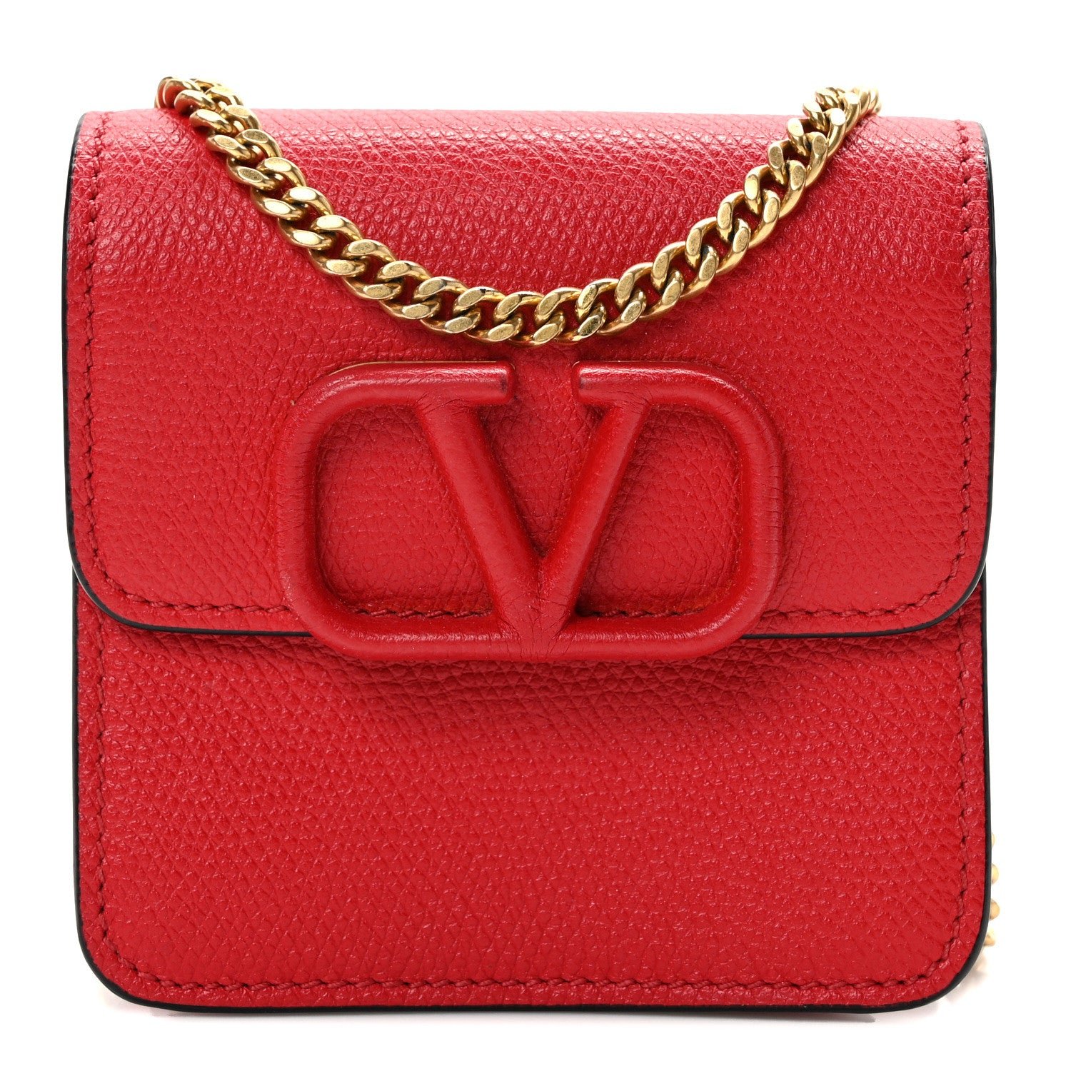 Valentino Garavani VALENTINO GARAVANI Grainy Calfskin VLogo Compact Wallet with Chain Rouge Pur