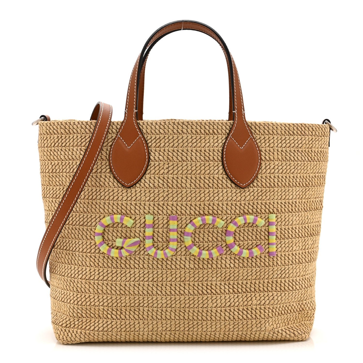 Gucci Raffia Woven Logo Patch Medium Tote Bag Natural Brown Multicolor