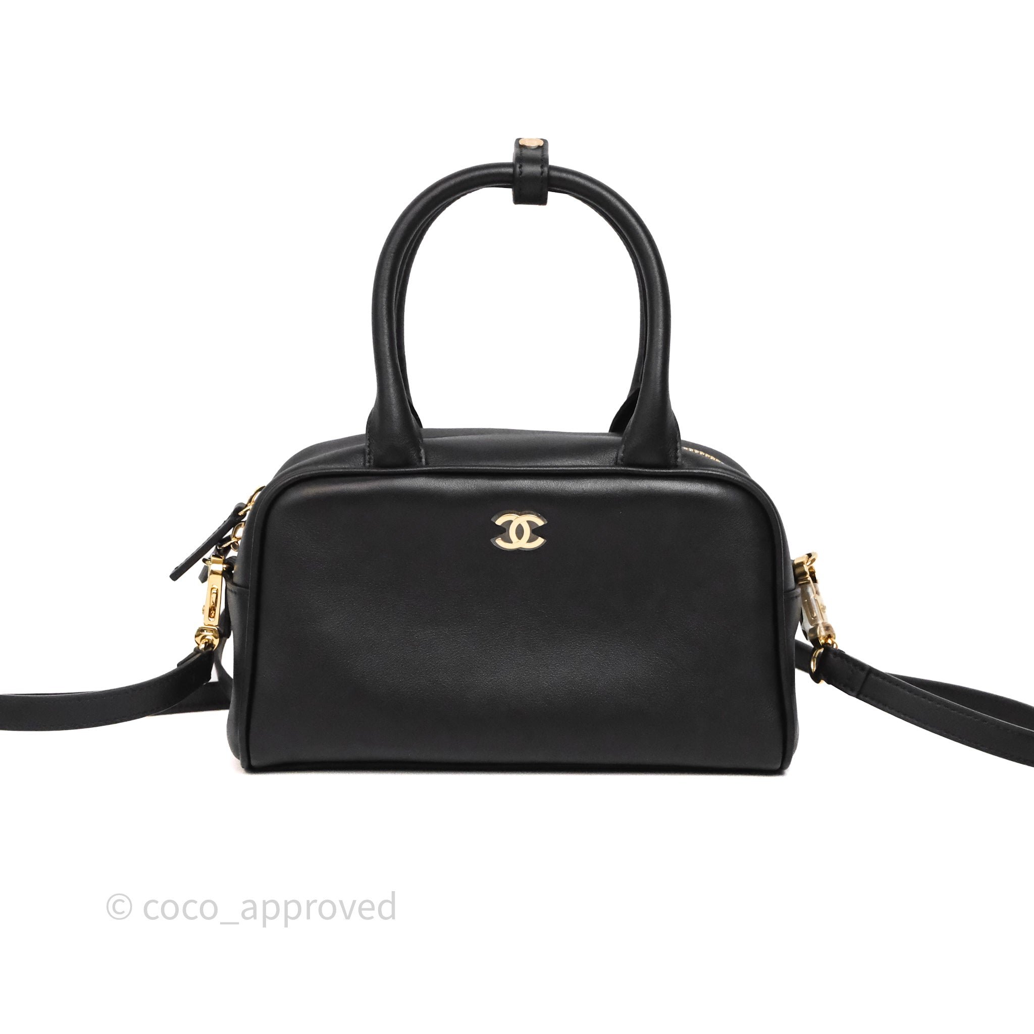 Chanel Top Handle Mini Bowling Bag Black Calfskin Gold Hardware