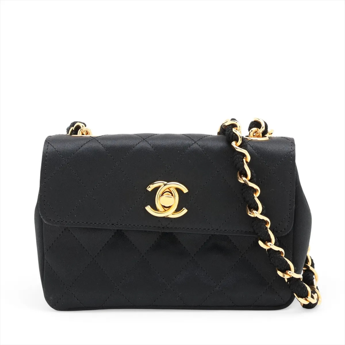 Chanel Mini Matelasse Satin Single Flap Single Chain Bag Black Gold Metal Fittin