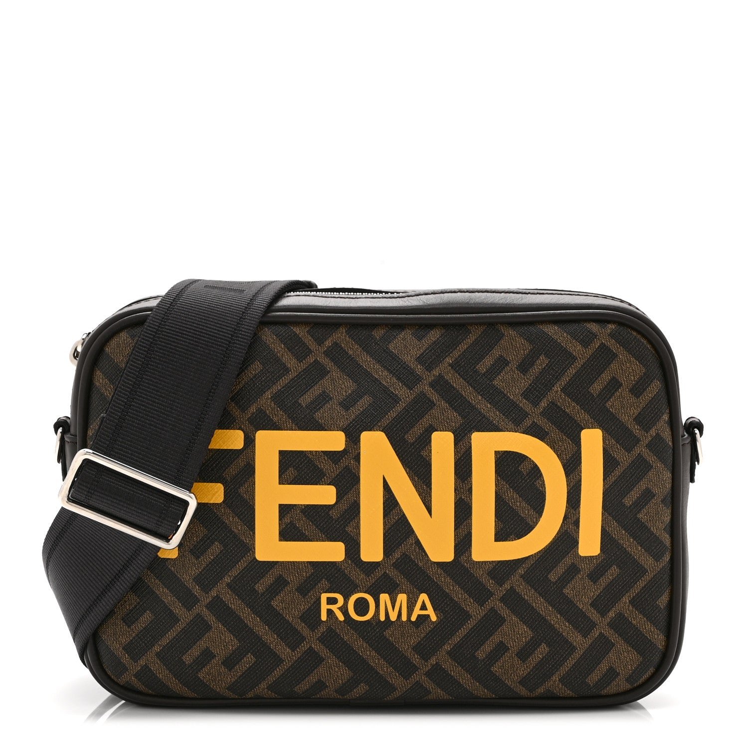 Fendi Shiny Glazed Fabric Vitello Cover FF 1974 Logo Medium Camera Case Tobacco Moro Giallo Ebano