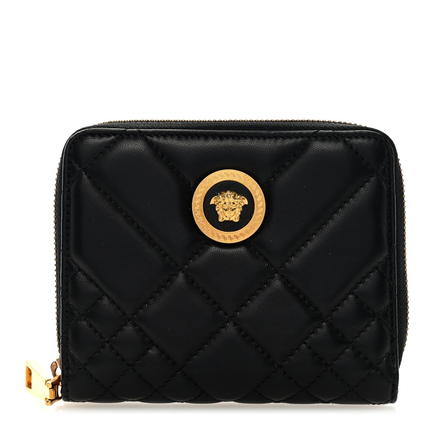 Versace Nappa Quilted Tribute Compact Zip Around Wallet Black