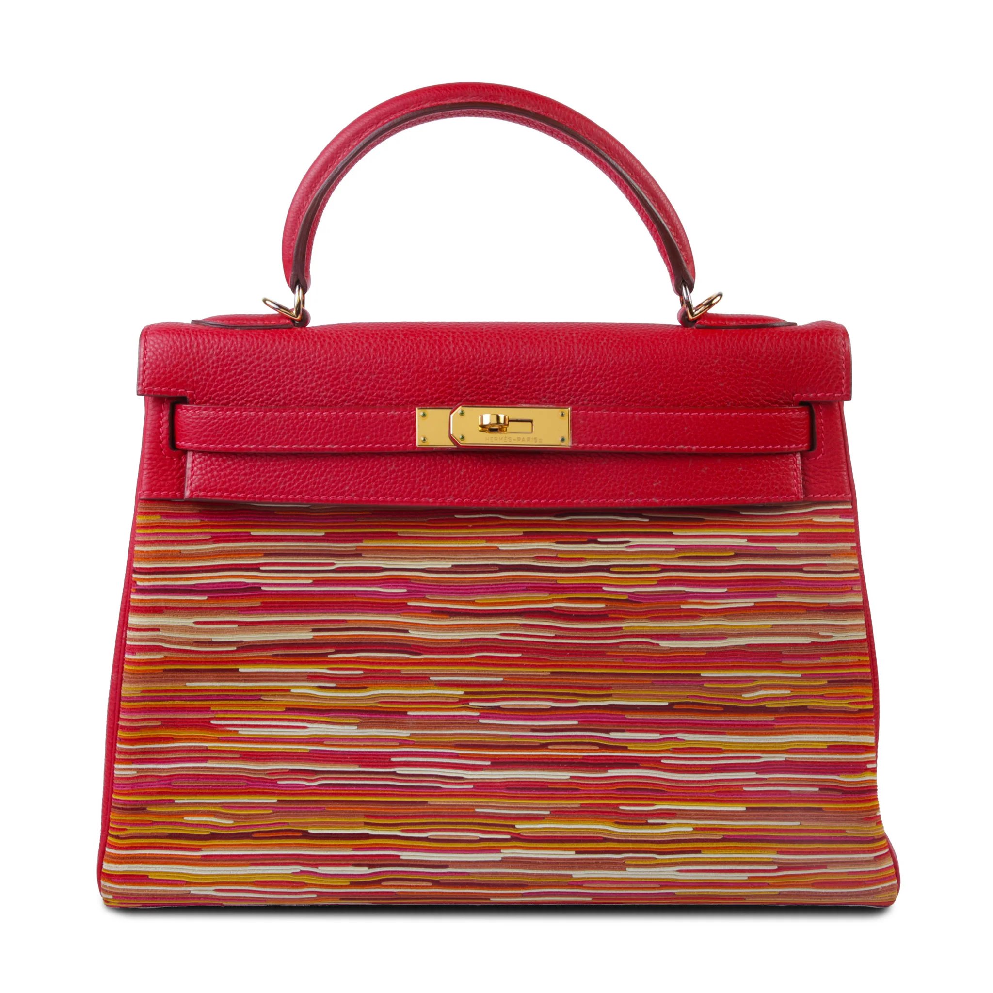 Good ( Rank AB) HERMÈS Kelly 32 Rouge Vif (53) Vibrato Gold hardware Square G (2003)