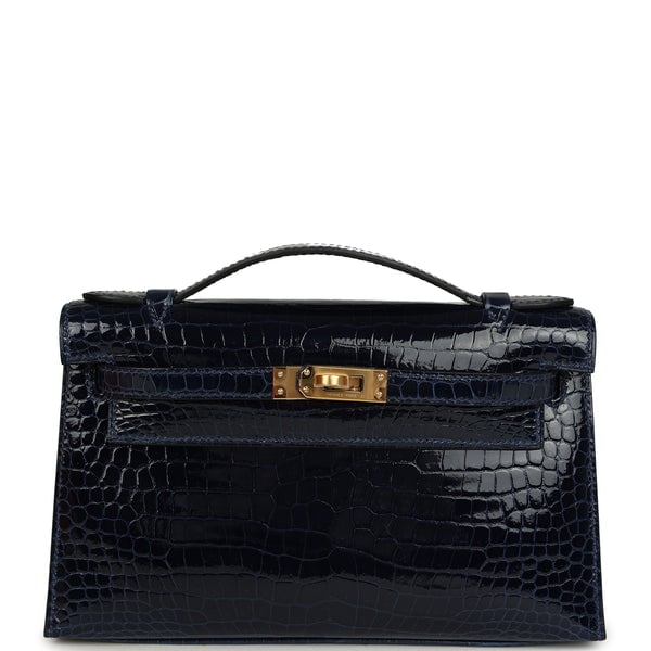 Hermes Kelly Pochette Bleu Saphir Shiny Porosus Crocodile Gold Hardware