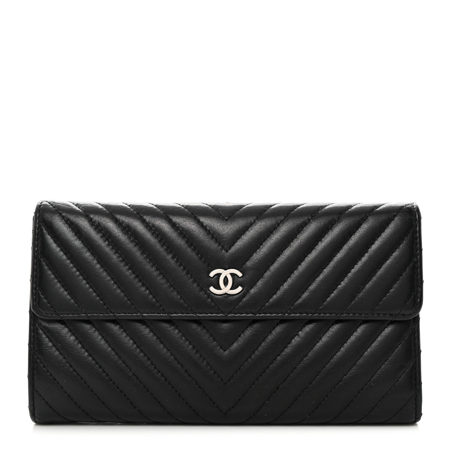 Chanel Lambskin Chevron Quilted Large Flap Clutch Wallet Black