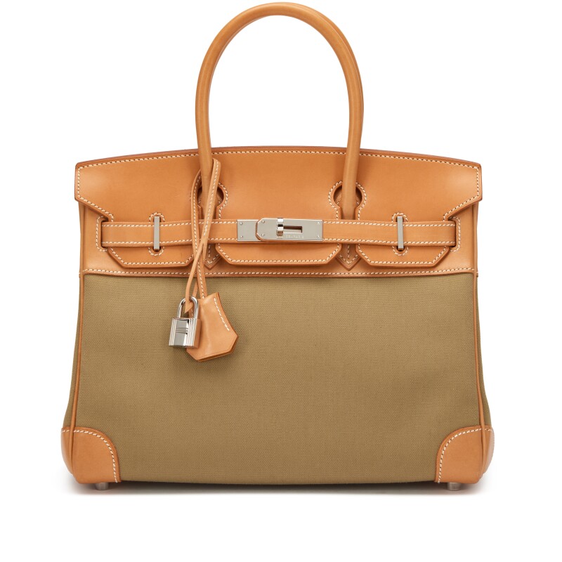 Hermes Vache Naturelle and Vert Olive Toile Officier H Birkin 30 Palladium Hardware, 2009