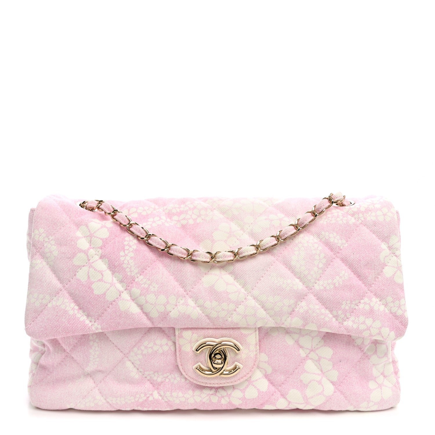 Chanel Printed Denim Quilted Maxi Single Flap Bag Pink White