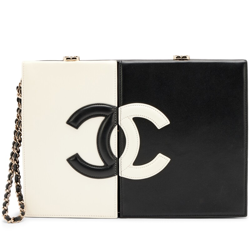 Black and White Lambskin Bicolor CC Split Clutch with Chain Light Gold Hardware, 2021
