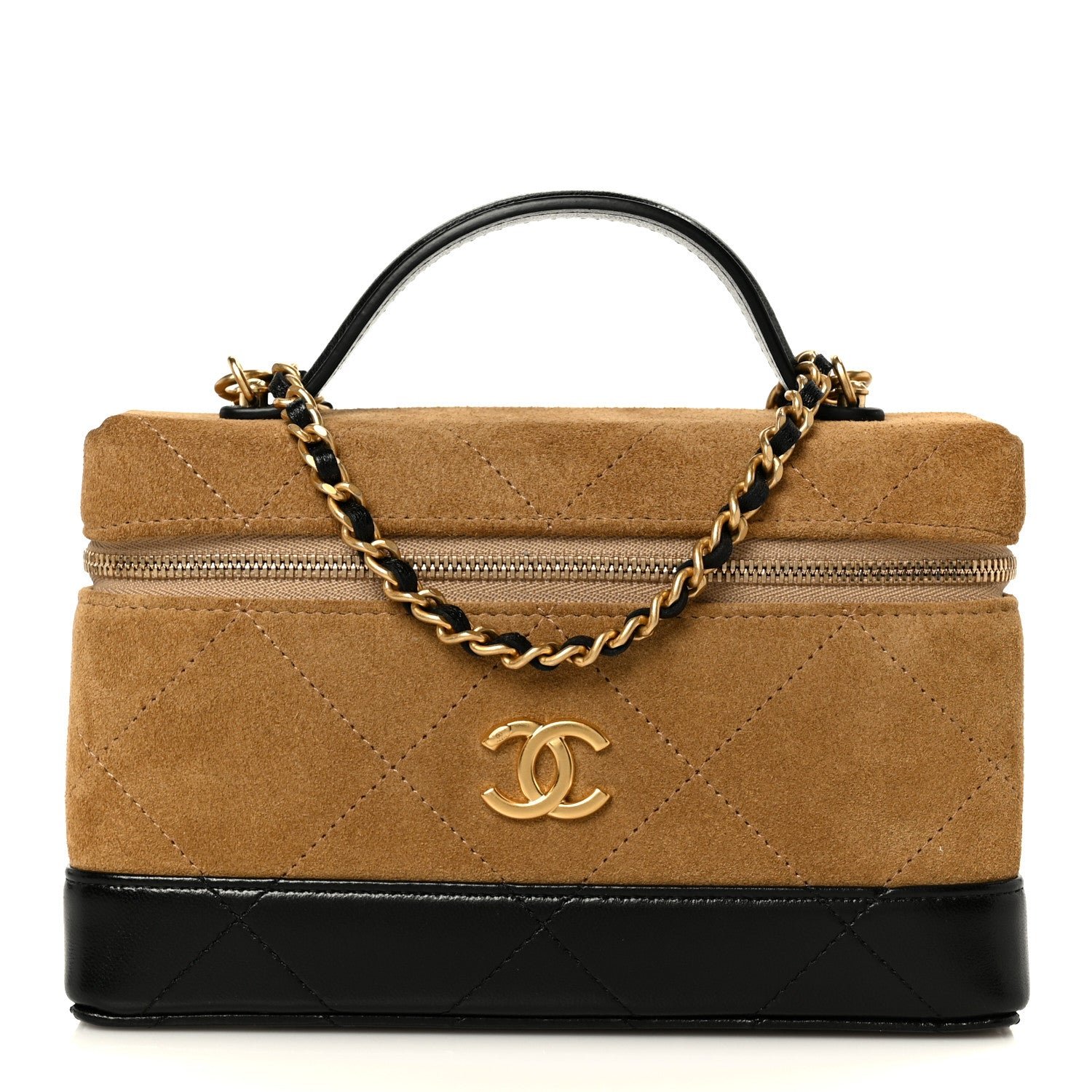 Chanel Suede Calfskin Shiny Lambskin Stitched Top Handle Slim Vanity Case With Chain Beige Black