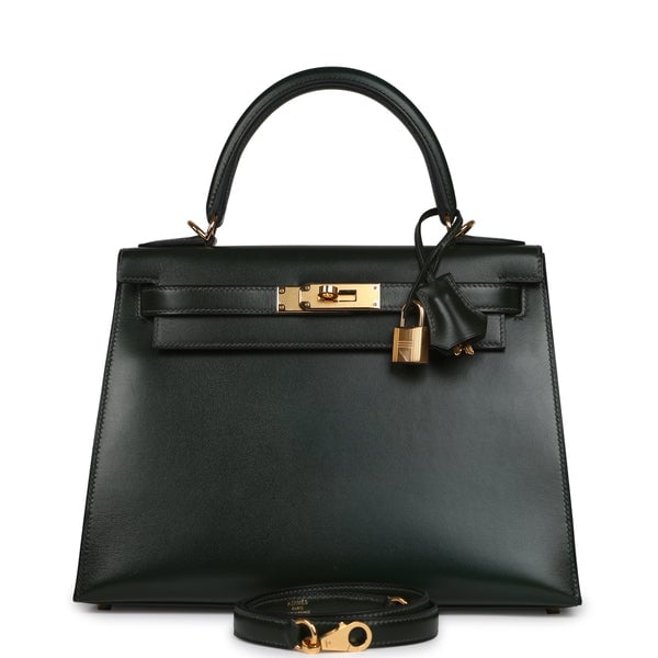 Pre-owned Hermes Kelly Sellier 28 Vert Fonce Box Gold Hardware