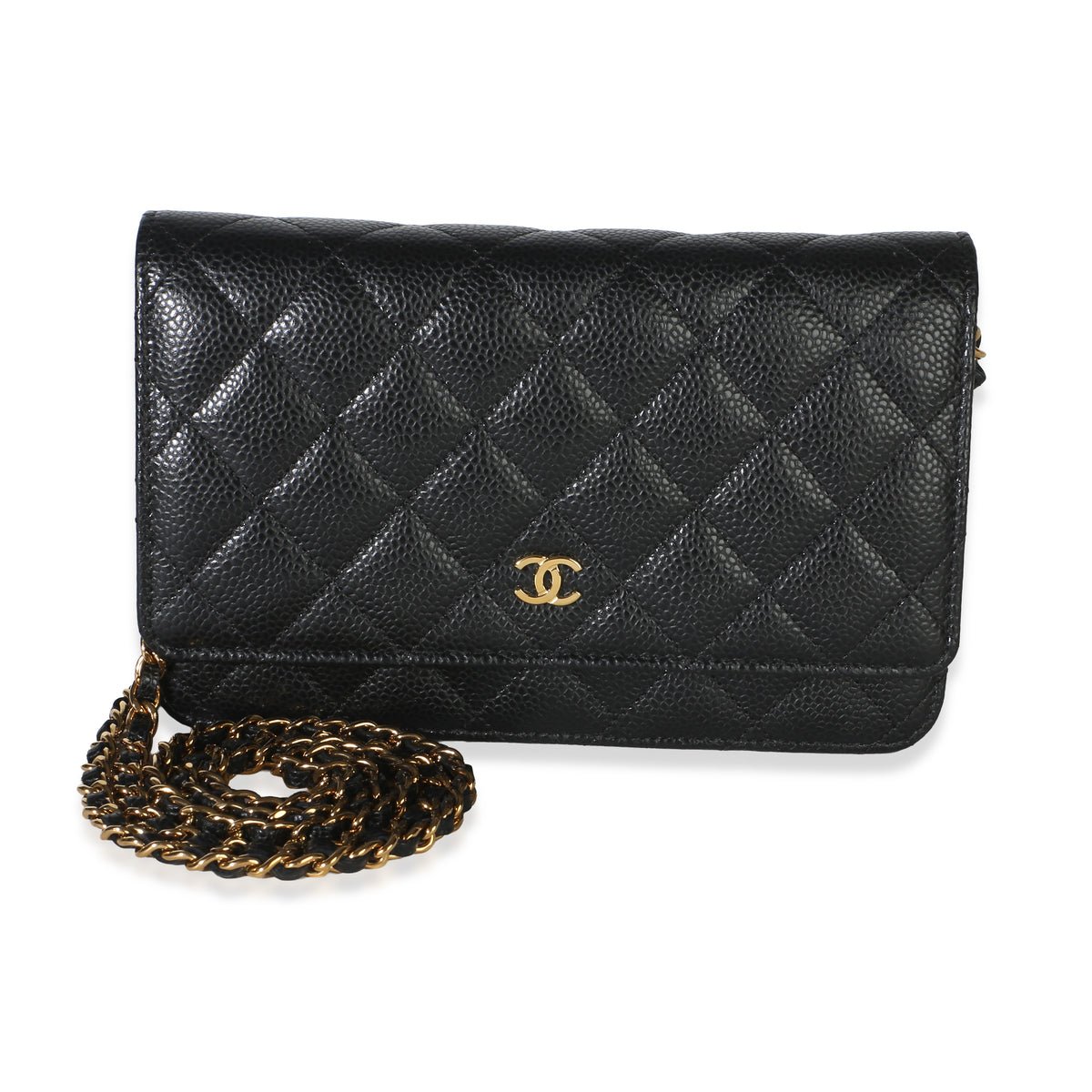 Black Quilted Caviar Classic Wallet On Chain
