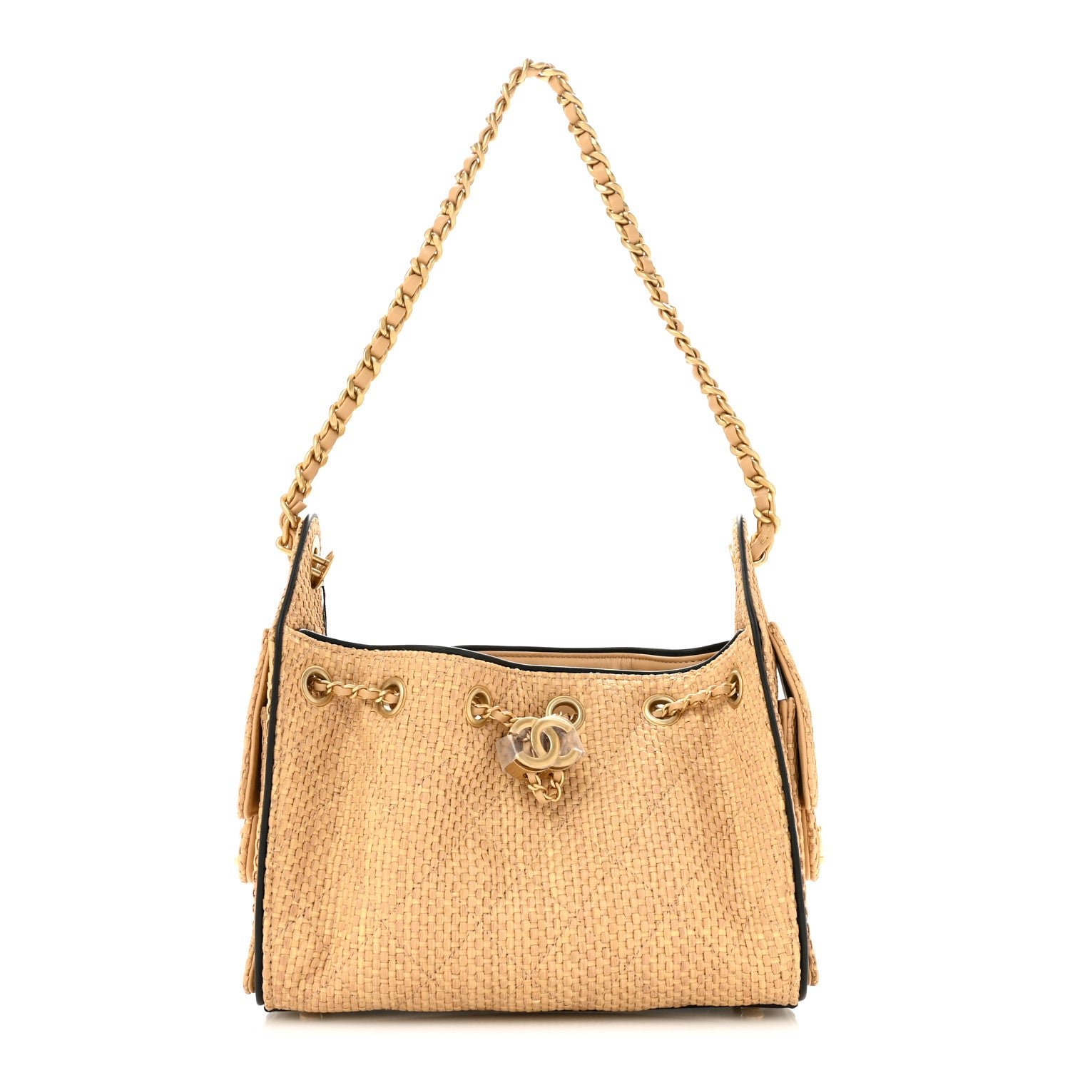 Chanel Braided Raffia Calfskin Quilted Mini Chanel 25 Handbag Beige Black
