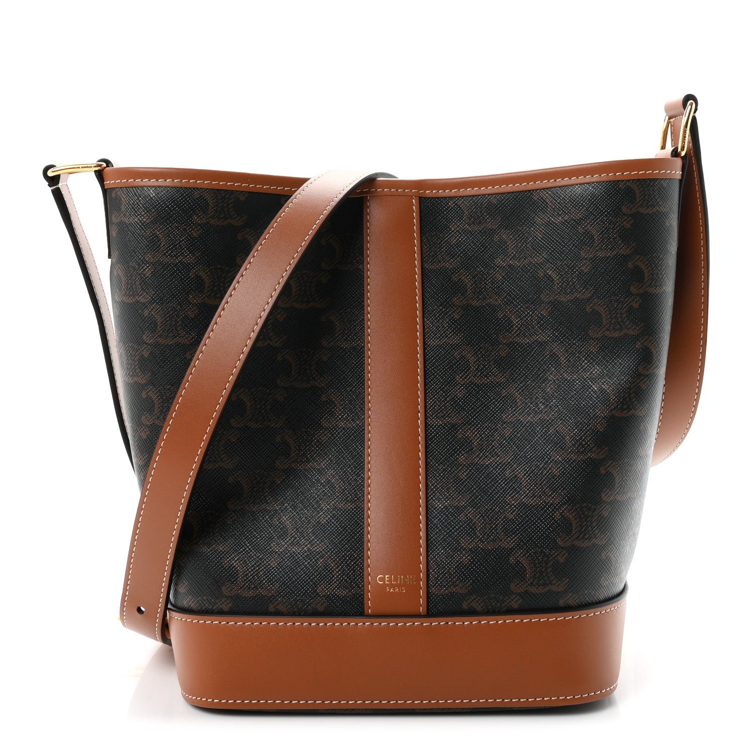 Celine Triomphe Canvas Calfskin Small Bucket Bag Tan