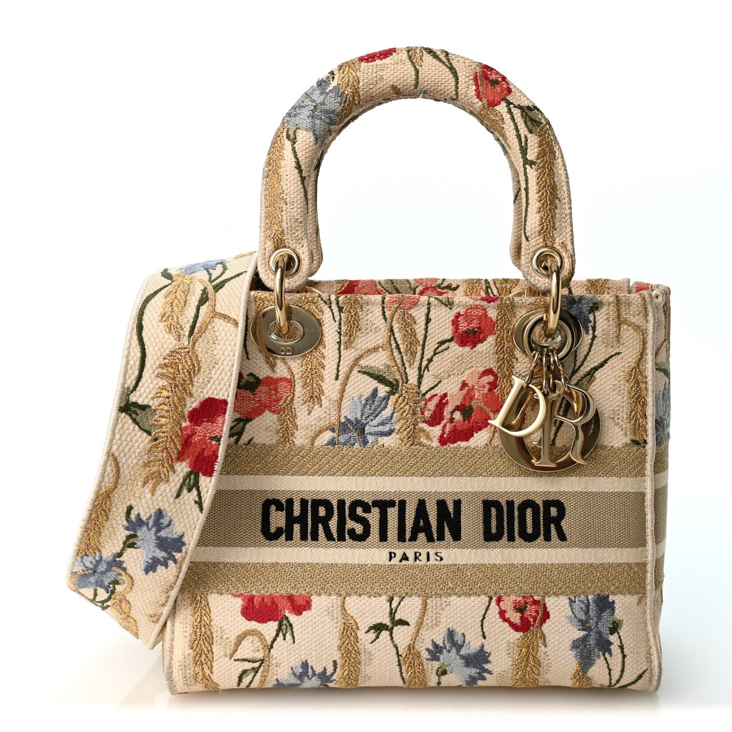 Christian Dior Canvas Embroidered Hibiscus Printed Medium Lady D-Lite Beige Multicolor