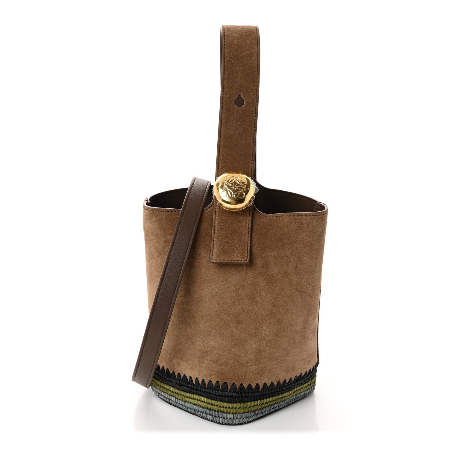 Loewe Loewe Suede Raffia Striped Mini Pebble Bucket Bag Brown