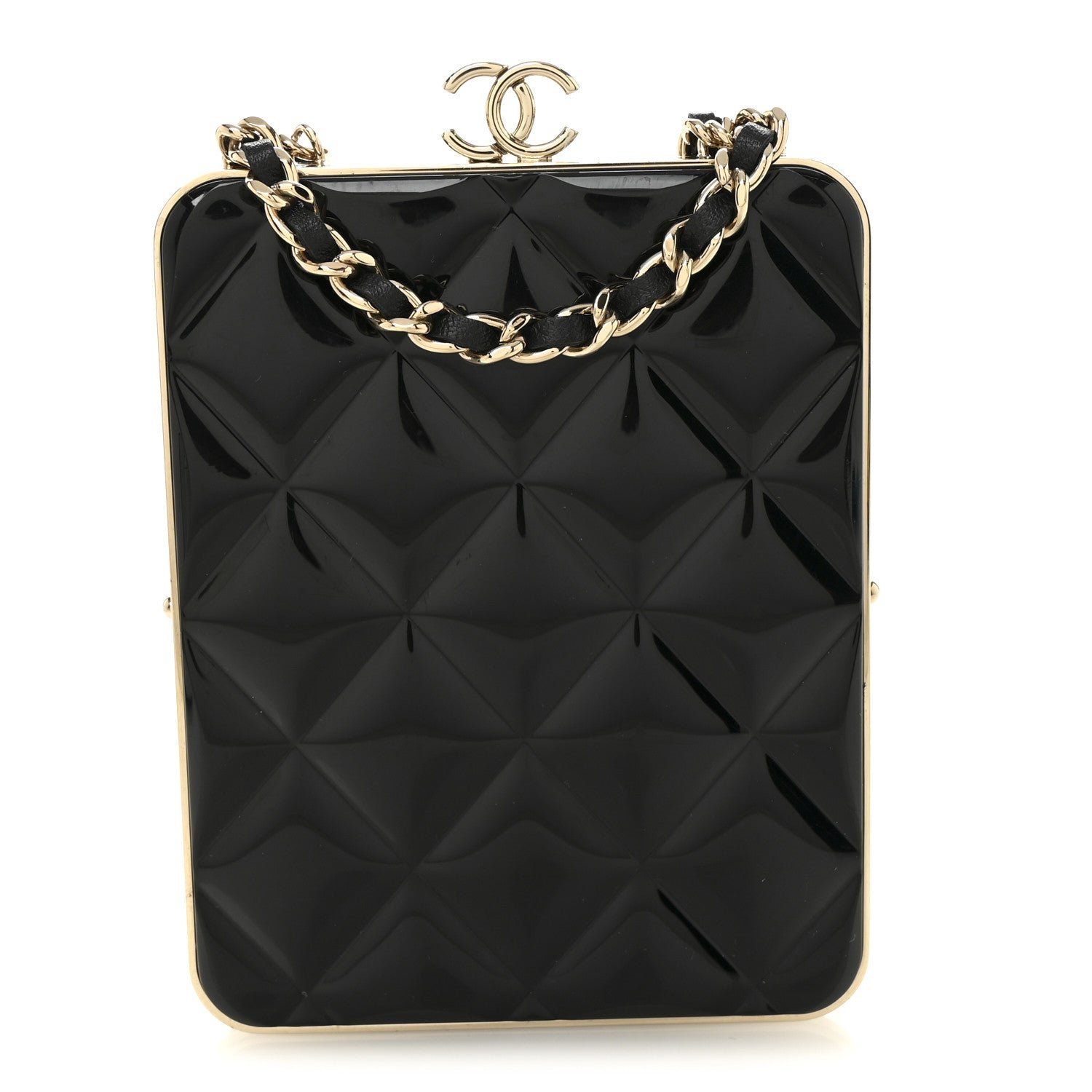 Chanel Lambskin Plexi Quilted CC Evening Clutch With Chain Black