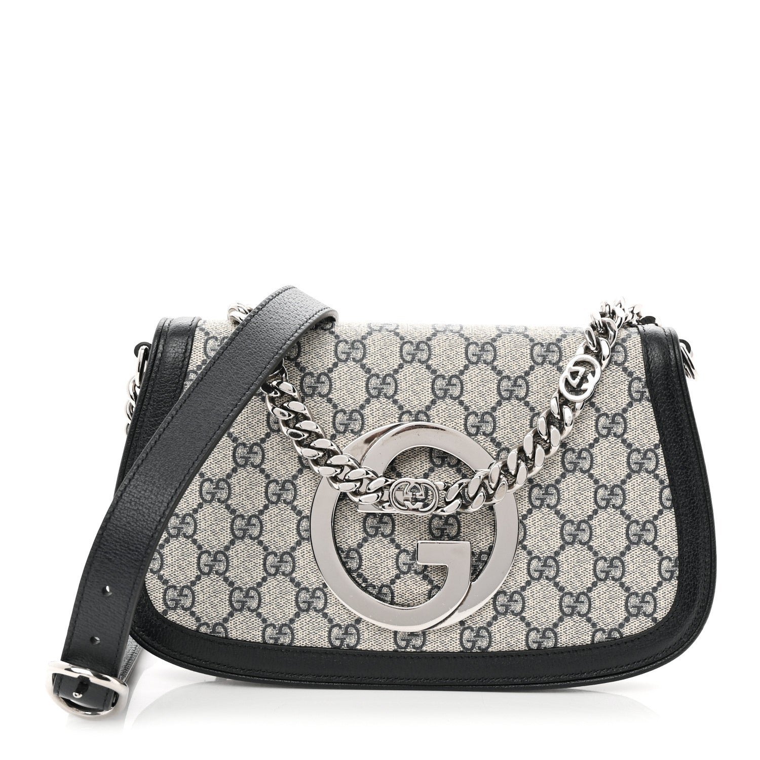Gucci GG Supreme Monogram Textured Dollar Calfskin Blondie Chain Shoulder Flap Bag Beige Blue