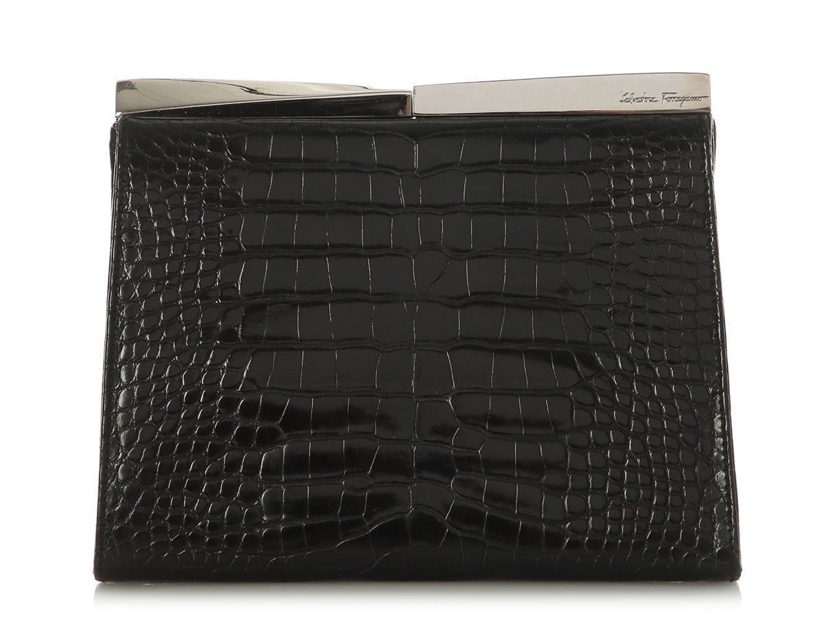 Salvatore Ferragamo Ferragamo Black Alligator Frame Clutch