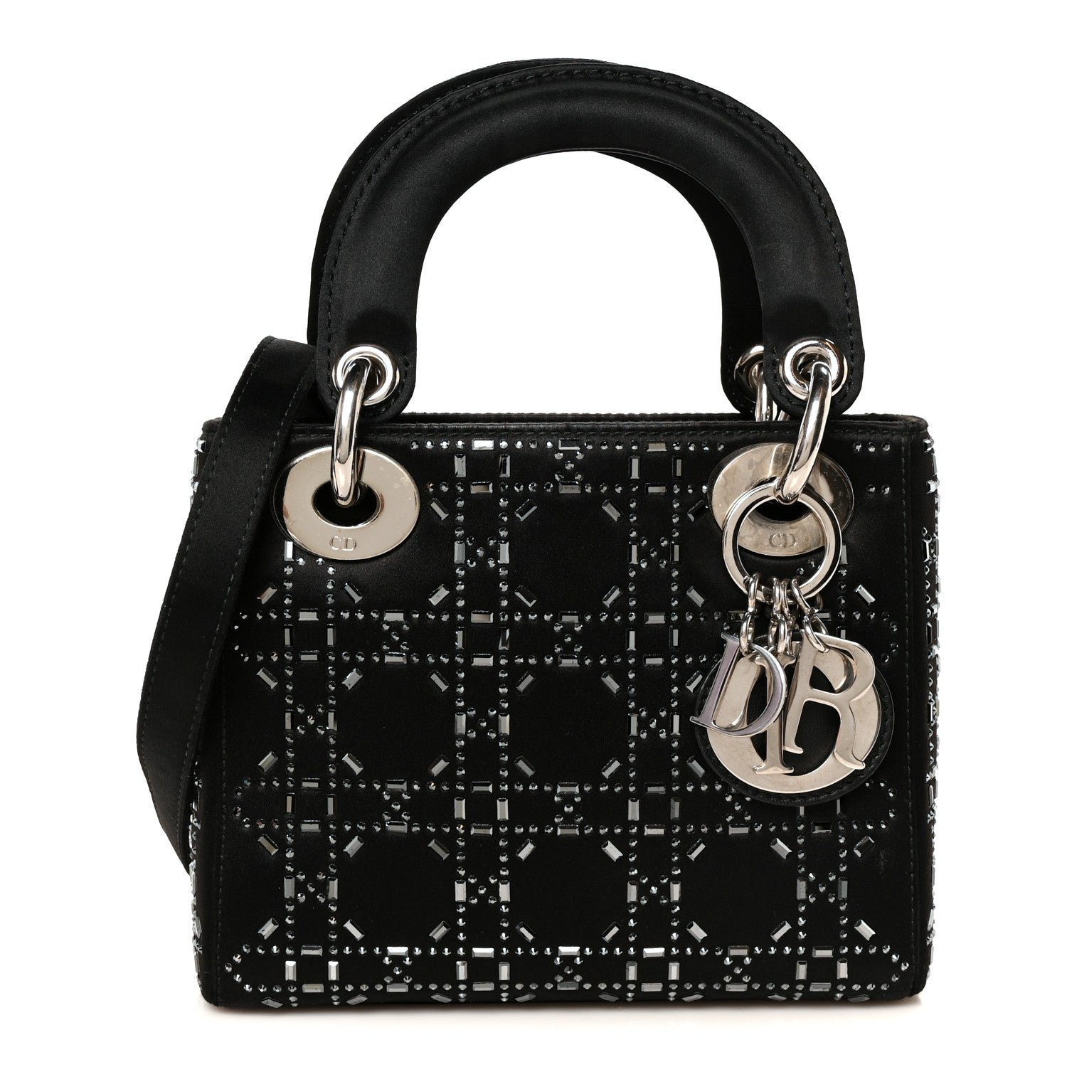 Christian Dior Satin Crystal Cannage Mini Lady Dior Black