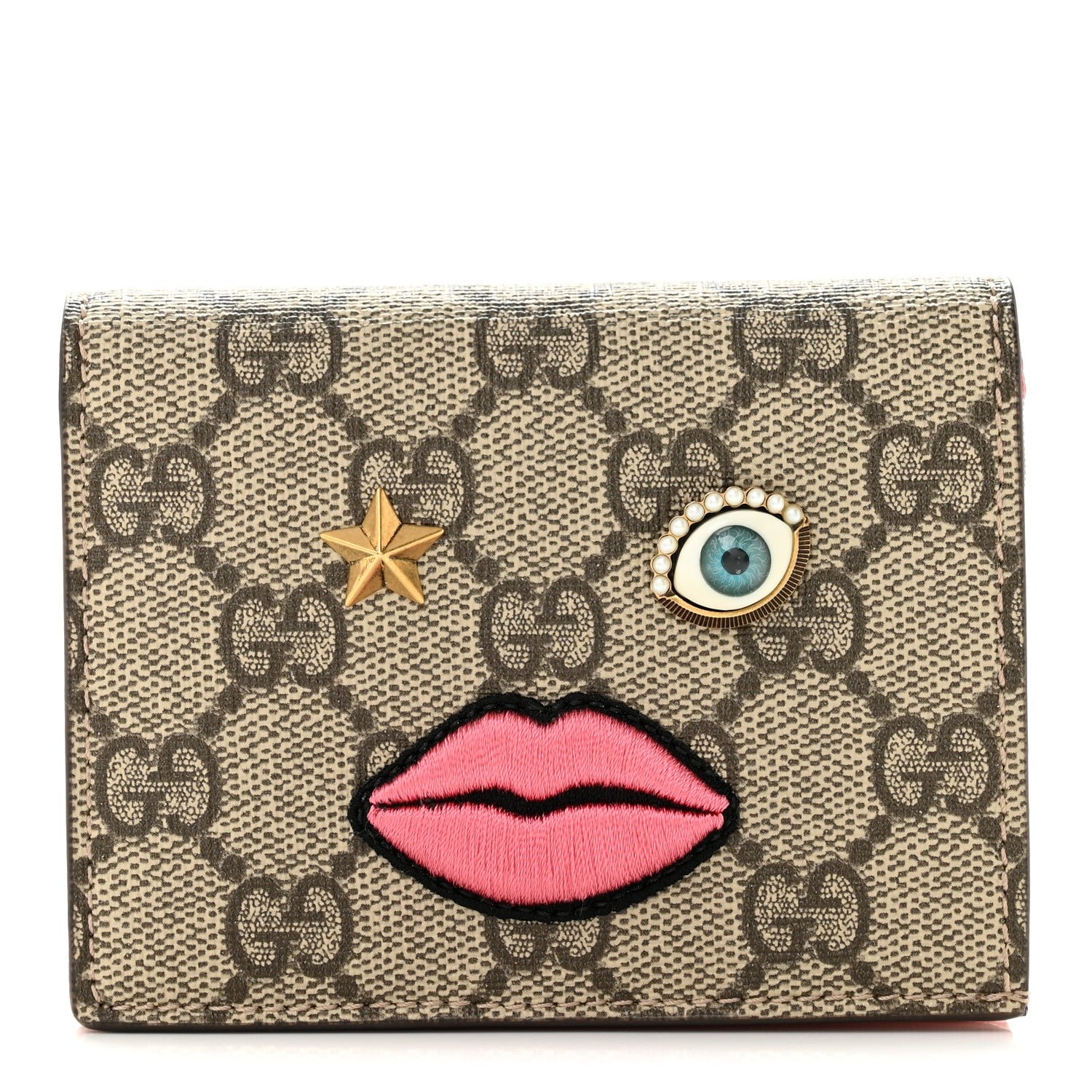 Gucci GG Supreme Monogram Face Embroidered Card Case Wallet Pink