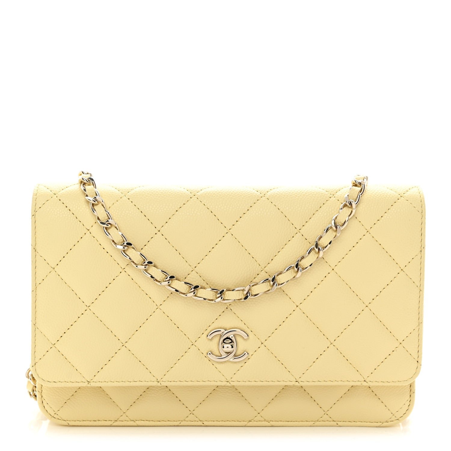 Chanel Caviar Quilted CC Turn Lock Wallet On Chain WOC Light Yellow