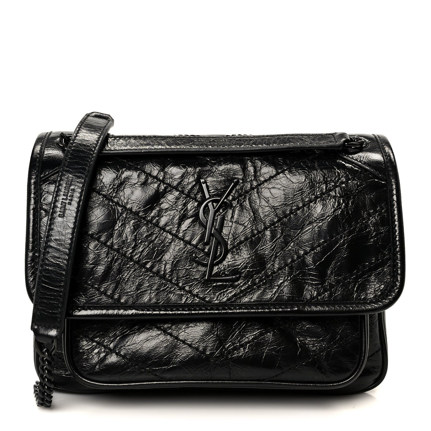 Saint Laurent Crinkled Calfskin Matelasse Monogram Baby Niki Chain Satchel Black